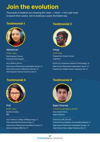 Join the evolution
Thousands of students are choosing the 'Learn -> Intern -> Get a job' route
to launch their careers. Join to build your career the fastest way.
Testimonial 1
Abhishruti
Testimonial 2
M.Sc, IIITM-K, 2019-21
Data Science Placement Guarantee Course, '21
Data Science Intern, Reflections Info, Apr '21
Data Engineer Trainee, Futurense, Oct '21
Data Engineer Trainee,
Futurense Technologies
₹7LPA+ salary
Vinay
B.Tech (CS), Hindustan Institute of Technology,‘22
Data Science Placement Guarantee Course, '21
Programmer Analyst Trainee, Cognizant, Nov '21
Programmer Analyst Trainee,
Cognizant
₹4LPA salary
Testimonial 3
Asst. Professor, College of Military Engg, '21
PhD, Industrial & Production Engg, '21
Data Science Placement Guarantee Course, '21
Business Analyst, IBM, Dec '21
Priti
Business Analyst,
IBM
₹6LPA+ salary
Testimonial 4
B.Tech (CS), KIIT, 2016-20
Trainee Service Engineer, Transasia Biomedicals, '21
Data Science Placement Guarantee Course , '21
Data Science Intern, Atgier Solutions, Dec '21
Rajat Sharma
Data Science Intern,
Atgier Solutions
₹ 30,000/month stipend with IPO
 