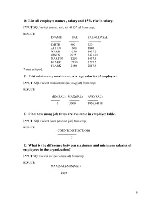 10. List all employee names , salary and 15% rise in salary.
INPUT SQL>select ename , sal , sal+0.15* sal from emp;
RESULT:
ENAME SAL SAL+0.15*SAL
---------- ---------- ------------
SMITH 800 920
ALLEN 1600 1840
WARD 1250 1437.5
JONES 2975 3421.25
MARTIN 1250 1437.5
BLAKE 2850 3277.5
CLARK 2450 2817.5
7 rows selected.
11. List minimum , maximum , average salaries of employee.
INPUT SQL>select min(sal),max(sal),avg(sal) from emp;
RESULT:
MIN(SAL) MAX(SAL) AVG(SAL)
--------- ---------- ----------
3 5000 1936.94118
12. Find how many job titles are available in employee table.
INPUT SQL>select count (distinct job) from emp;
RESULT:
COUNT(DISTINCTJOB)
------------------
7
13. What is the difference between maximum and minimum salaries of
employees in the organization?
INPUT SQL>select max(sal)-min(sal) from emp;
RESULT:
MAX(SAL)-MIN(SAL)
-----------------
4997
11
 