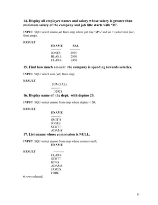 14. Display all employee names and salary whose salary is greater than
minimum salary of the company and job title starts with ‘M’.
INPUT SQL>select ename,sal from emp where job like ‘M%’ and sal > (select min (sal)
from emp);
RESULT
ENAME SAL
---------- ----------
JONES 2975
BLAKE 2850
CLARK 2450
15. Find how much amount the company is spending towards salaries.
INPUT SQL>select sum (sal) from emp;
RESULT
SUM(SAL)
---------
32928
16. Display name of the dept. with deptno 20.
INPUT SQL>select ename from emp where deptno = 20;
RESULT
ENAME
----------
SMITH
JONES
SCOTT
ADAMS
17. List ename whose commission is NULL.
INPUT SQL>select ename from emp where comm is null;
ENAME
RESULT ----------
CLARK
SCOTT
KING
ADAMS
JAMES
FORD
6 rows selected.
12
 