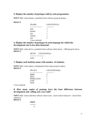 5. Display the number of packages sold by each programmer.
INPUT SQL>select pname, count(title) from software group by pname;
RESULT
PNAME COUNT(TITLE)
-------------------- ------------
john 1
kamala 1
raju 1
ramana 1
rani 1
5 rows selected.
6. Display the number of packages in each language for which the
development cost is less than thousand.
INPUT SQL>select devin, count(title) from software where dcost < 1000 group by devin;
RESULT
DEVIN COUNT(TITLE)
---------- ------------
cobol 1
7. Display each institute name with number of students.
INPUT SQL>select splace, count(pname) from study group by splace;
RESULT
SPLACE COUNT(PNAME)
-------------------- ------------
BDPS 2
BITS 1
BNRILLIANI 1
COIT 1
HYD 1
5 rows selected.
8. How many copies of package have the least difference between
development and selling cost, were sold?
INPUT SQL>select sold from software where scost – dcost=(select min(scost – dcost) from
software);
RESULT
SOLD
---------
11
15
 