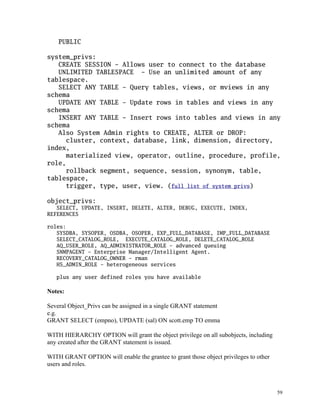 PUBLIC
system_privs:
CREATE SESSION - Allows user to connect to the database
UNLIMITED TABLESPACE - Use an unlimited amount of any
tablespace.
SELECT ANY TABLE - Query tables, views, or mviews in any
schema
UPDATE ANY TABLE - Update rows in tables and views in any
schema
INSERT ANY TABLE - Insert rows into tables and views in any
schema
Also System Admin rights to CREATE, ALTER or DROP:
cluster, context, database, link, dimension, directory,
index,
materialized view, operator, outline, procedure, profile,
role,
rollback segment, sequence, session, synonym, table,
tablespace,
trigger, type, user, view. (full list of system privs)
object_privs:
SELECT, UPDATE, INSERT, DELETE, ALTER, DEBUG, EXECUTE, INDEX,
REFERENCES
roles:
SYSDBA, SYSOPER, OSDBA, OSOPER, EXP_FULL_DATABASE, IMP_FULL_DATABASE
SELECT_CATALOG_ROLE, EXECUTE_CATALOG_ROLE, DELETE_CATALOG_ROLE
AQ_USER_ROLE, AQ_ADMINISTRATOR_ROLE - advanced queuing
SNMPAGENT - Enterprise Manager/Intelligent Agent.
RECOVERY_CATALOG_OWNER - rman
HS_ADMIN_ROLE - heterogeneous services
plus any user defined roles you have available
Notes:
Several Object_Privs can be assigned in a single GRANT statement
e.g.
GRANT SELECT (empno), UPDATE (sal) ON scott.emp TO emma
WITH HIERARCHY OPTION will grant the object privilege on all subobjects, including
any created after the GRANT statement is issued.
WITH GRANT OPTION will enable the grantee to grant those object privileges to other
users and roles.
59
 
