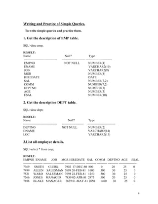 Writing and Practice of Simple Queries.
To write simple queries and practice them.
1. Get the description of EMP table.
SQL>desc emp;
RESULT:
Name Null? Type
-------------------------------- ----------------------- -------------------------
EMPNO NOT NULL NUMBER(4)
ENAME VARCHAR2(10)
JOB VARCHAR2(9)
MGR NUMBER(4)
HIREDATE DATE
SAL NUMBER(7,2)
COMM NUMBER(7,2)
DEPTNO NUMBER(3)
AGE NUMBER(3)
ESAL NUMBER(10)
2. Get the description DEPT table.
SQL>desc dept;
RESULT:
Name Null? Type
--------------------------------- --------------------- ---------------------------
DEPTNO NOT NULL NUMBER(2)
DNAME VARCHAR2(14)
LOC VARCHAR2(13)
3.List all employee details.
SQL>select * from emp;
RESULT:
EMPNO ENAME JOB MGR HIREDATE SAL COMM DEPTNO AGE ESAL
-------- ---------- --------- ---------- --------- ---------- ---------- ---------- ---------- -----------------
7369 SMITH CLERK 7902 17-DEC-80 800 0 20 25 0
7499 ALLEN SALESMAN 7698 20-FEB-81 1600 300 30 25 0
7521 WARD SALESMAN 7698 22-FEB-81 1250 500 30 25 0
7566 JONES MANAGER 7839 02-APR-81 2975 500 20 25 0
7698 BLAKE MANAGER 7839 01-MAY-81 2850 1400 30 25 0
8
 