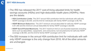 © benefitexpress 2016
2017 HSA Amounts
• The IRS has released the 2017 cost-of-living adjusted limits for health
savings accounts (HSAs) and high-deductible health plans (HDHPs). Here
are the details:
 HSA Contribution Limits. The 2017 annual HSA contribution limit for individuals with self-only
HDHP coverage is $3,400, and the limit for individuals with family HDHP coverage is $6,750.
 HDHP Minimum Deductibles. The 2017 minimum annual deductible for self-only HDHP coverage
is $1,300 and the minimum annual deductible for family HDHP coverage is $2,600.
 HDHP Out-of-Pocket Maximums. The 2017 maximum limit on out-of-pocket expenses (including
items such as deductibles, copayments, and coinsurance, but not premiums) for self-only HDHP
coverage is $6,550, and the limit for family HDHP coverage is $13,100.
• The $50 increase in the annual HSA contribution limit for individuals with self-
only HDHP coverage is the only change from 2016. All of the other amounts
are unchanged.
 