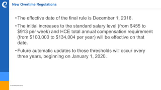 © benefitexpress 2016
New Overtime Regulations
•The effective date of the final rule is December 1, 2016.
•The initial increases to the standard salary level (from $455 to
$913 per week) and HCE total annual compensation requirement
(from $100,000 to $134,004 per year) will be effective on that
date.
•Future automatic updates to those thresholds will occur every
three years, beginning on January 1, 2020.
 