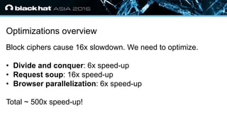 • Click to edit Master text styles
— Second level
• Third level
— Fourth level
» Fifth level
Optimizations overview
Block ciphers cause 16x slowdown. We need to optimize.
• Divide and conquer: 6x speed-up
• Request soup: 16x speed-up
• Browser parallelization: 6x speed-up
Total ~ 500x speed-up!
 