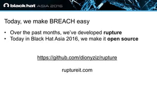 • Click to edit Master text styles
— Second level
• Third level
— Fourth level
» Fifth level
Today, we make BREACH easy
• Over the past months, we’ve developed rupture
• Today in Black Hat Asia 2016, we make it open source
https://github.com/dionyziz/rupture
ruptureit.com
 