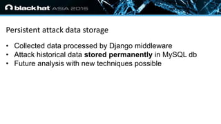 • Click to edit Master text styles
— Second level
• Third level
— Fourth level
» Fifth level
Persistent attack data storage
• Collected data processed by Django middleware
• Attack historical data stored permanently in MySQL db
• Future analysis with new techniques possible
 