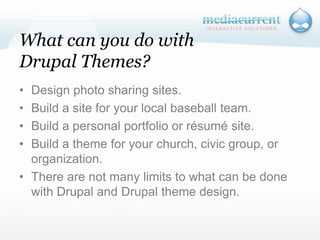 What can you do with Drupal Themes?Design photo sharing sites.Build a site for your local baseball team.Build a personal portfolio or résumé site.Build a theme for your church, civic group, or organization.There are not many limits to what can be done with Drupal and Drupal theme design.