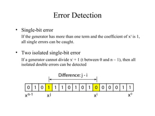 Error Detection 
• Single-bit error 
If the generator has more than one term and the coefficient of x0 is 1, 
all single errors can be caught. 
• Two isolated single-bit error 
If a generator cannot divide xt + 1 (t between 0 and n – 1), then all 
isolated double errors can be detected 
 