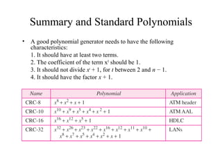 Summary and Standard Polynomials 
• A good polynomial generator needs to have the following 
characteristics: 
1. It should have at least two terms. 
2. The coefficient of the term x0 should be 1. 
3. It should not divide xt + 1, for t between 2 and n − 1. 
4. It should have the factor x + 1. 
 