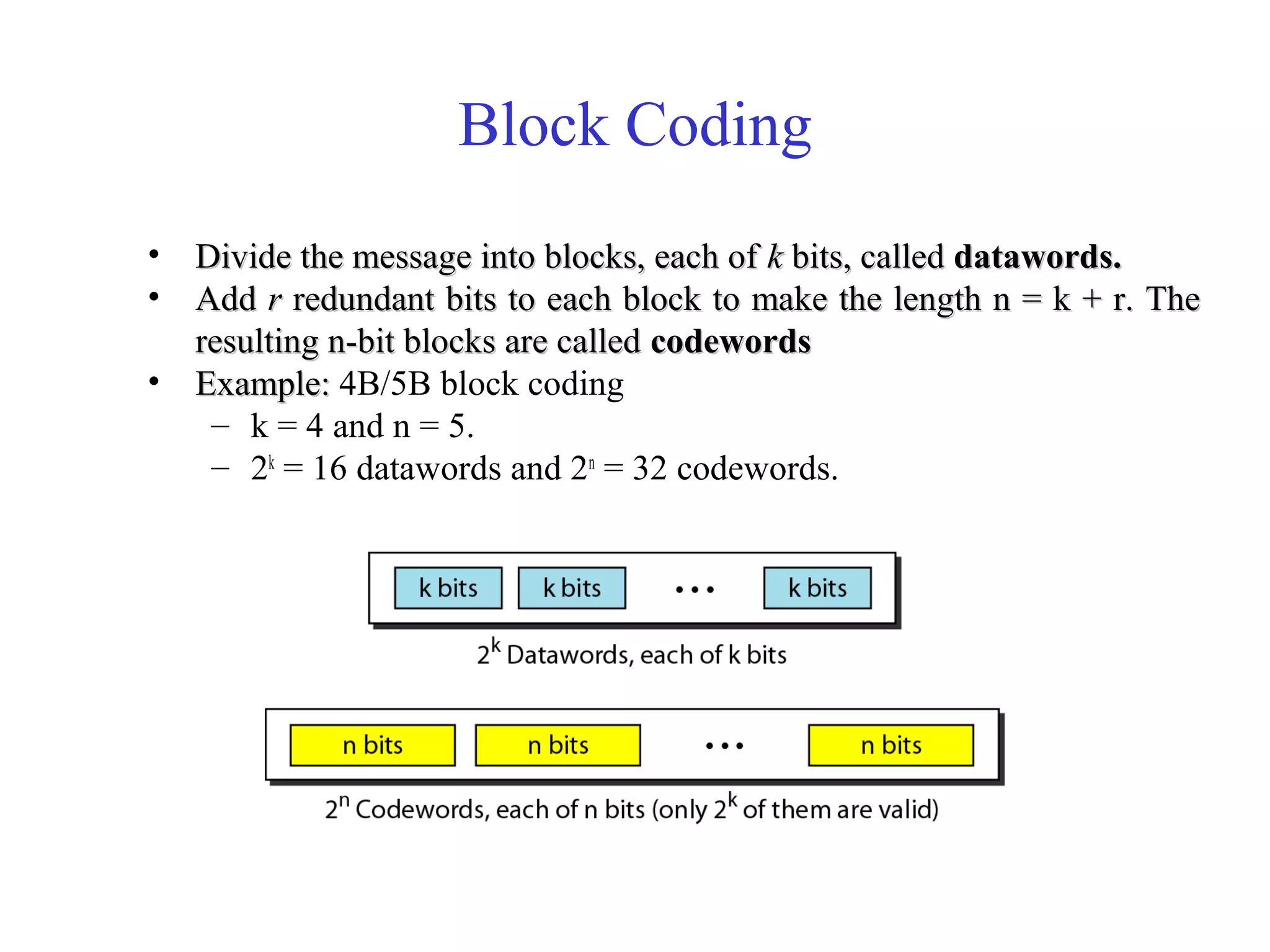Block Coding 
• Divide the message iinnttoo bblloocckkss,, eeaacchh ooff kk bbiittss,, ccaalllleedd ddaattaawwoorrddss.. 
• AAdddd rr rreedduunnddaanntt bbiittss ttoo eeaacchh bblloocckk ttoo mmaakkee tthhee lleennggtthh nn == kk ++ rr.. TThhee 
rreessuullttiinngg nn--bbiitt bblloocckkss aarree ccaalllleedd ccooddeewwoorrddss 
• EExxaammppllee:: 4B/5B block coding 
– k = 4 and n = 5. 
– 2k = 16 datawords and 2n = 32 codewords. 
 