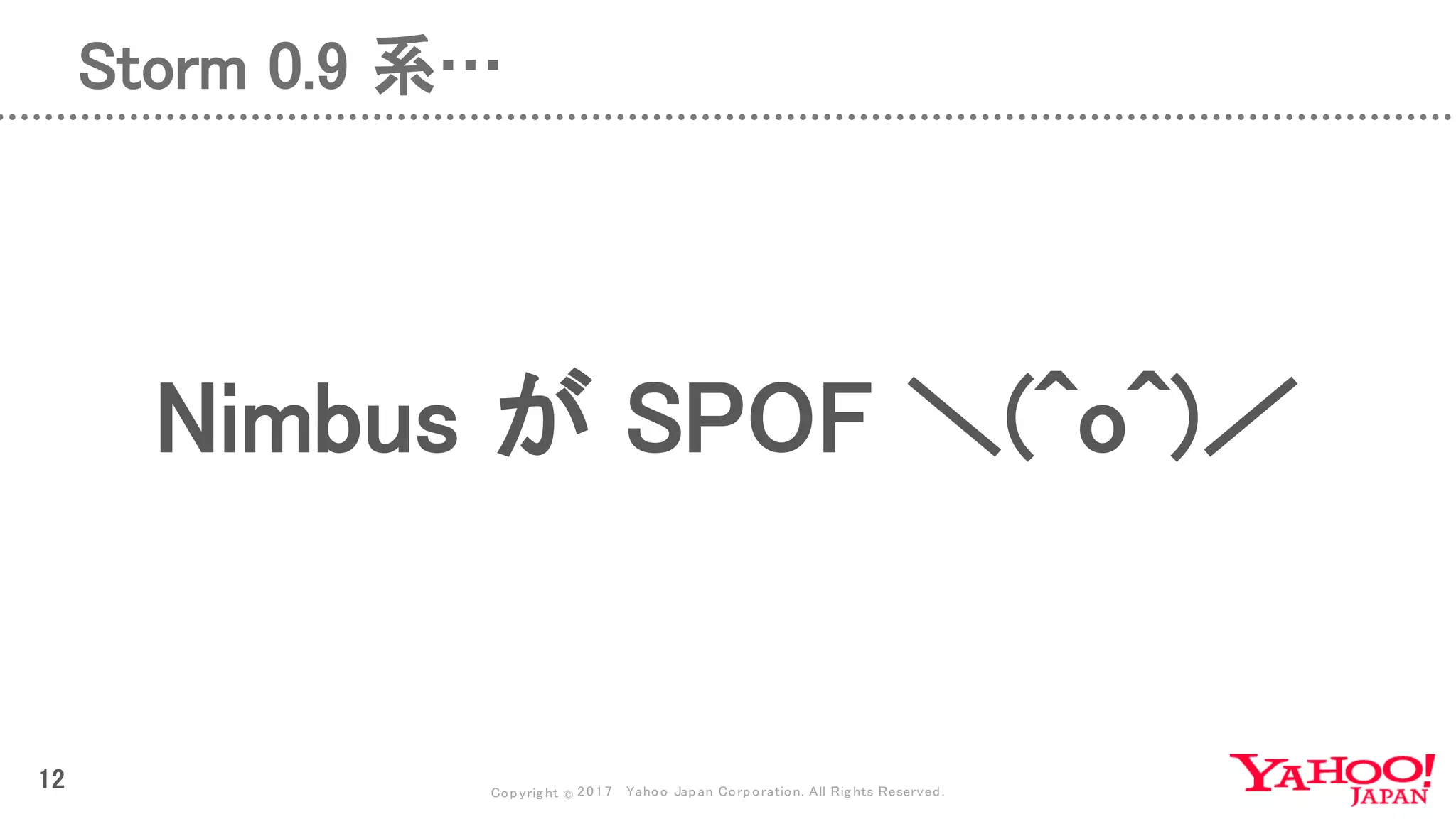 Copyrig ht © 2017 Yahoo Japan Corporation. All Rig hts Reserved.
12
Storm 0.9 系…
Nimbus が SPOF ＼(^o^)／
 