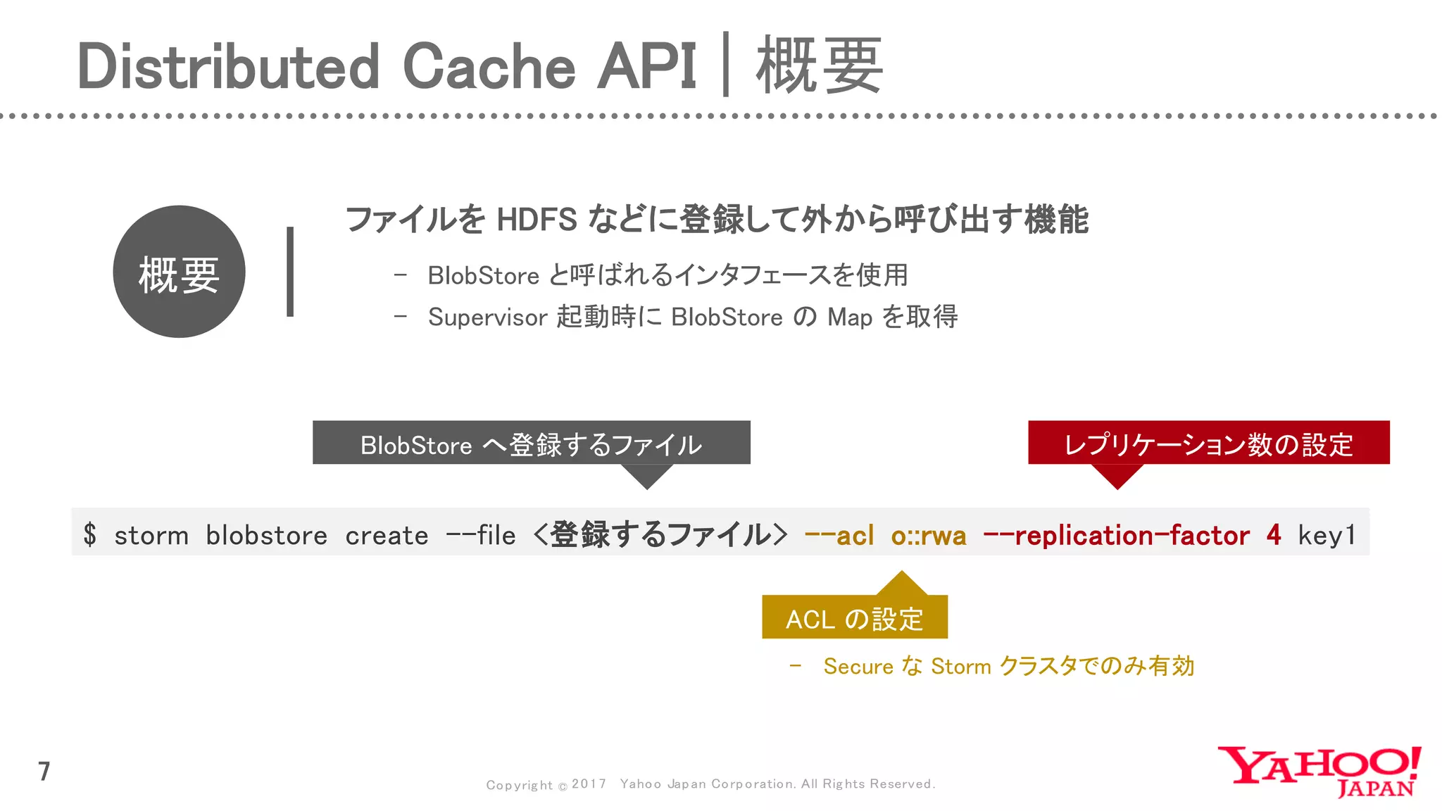 Copyrig ht © 2017 Yahoo Japan Corporation. All Rig hts Reserved.
Distributed Cache API | 概要
7
概要
ファイルを HDFS などに登録して外から呼び出す機能
- BlobStore と呼ばれるインタフェースを使用
- Supervisor 起動時に BlobStore の Map を取得
$ storm blobstore create --file <登録するファイル> --acl o::rwa --replication-factor 4 key1
BlobStore へ登録するファイル レプリケーション数の設定
ACL の設定
- Secure な Storm クラスタでのみ有効
 