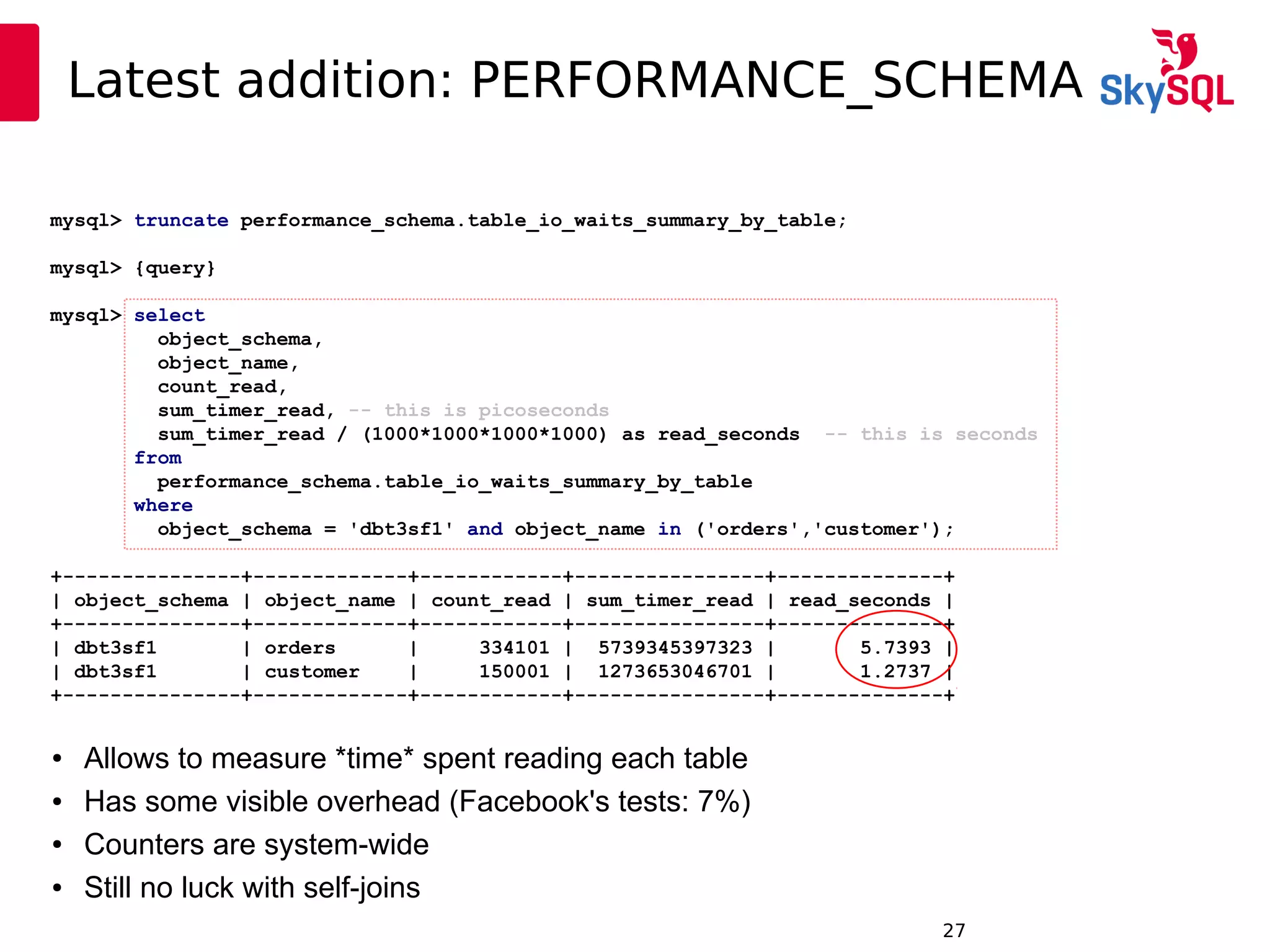 12:49:0927
Latest addition: PERFORMANCE_SCHEMA
● Allows to measure *time* spent reading each table
● Has some visible overhead (Facebook's tests: 7%)
● Counters are system-wide
● Still no luck with self-joins
mysql> truncate performance_schema.table_io_waits_summary_by_table;
mysql> {query}
mysql> select
object_schema,
object_name,
count_read,
sum_timer_read, -- this is picoseconds
sum_timer_read / (1000*1000*1000*1000) as read_seconds -- this is seconds
from
performance_schema.table_io_waits_summary_by_table
where
object_schema = 'dbt3sf1' and object_name in ('orders','customer');
+---------------+-------------+------------+----------------+--------------+
| object_schema | object_name | count_read | sum_timer_read | read_seconds |
+---------------+-------------+------------+----------------+--------------+
| dbt3sf1 | orders | 334101 | 5739345397323 | 5.7393 |
| dbt3sf1 | customer | 150001 | 1273653046701 | 1.2737 |
+---------------+-------------+------------+----------------+--------------+
 