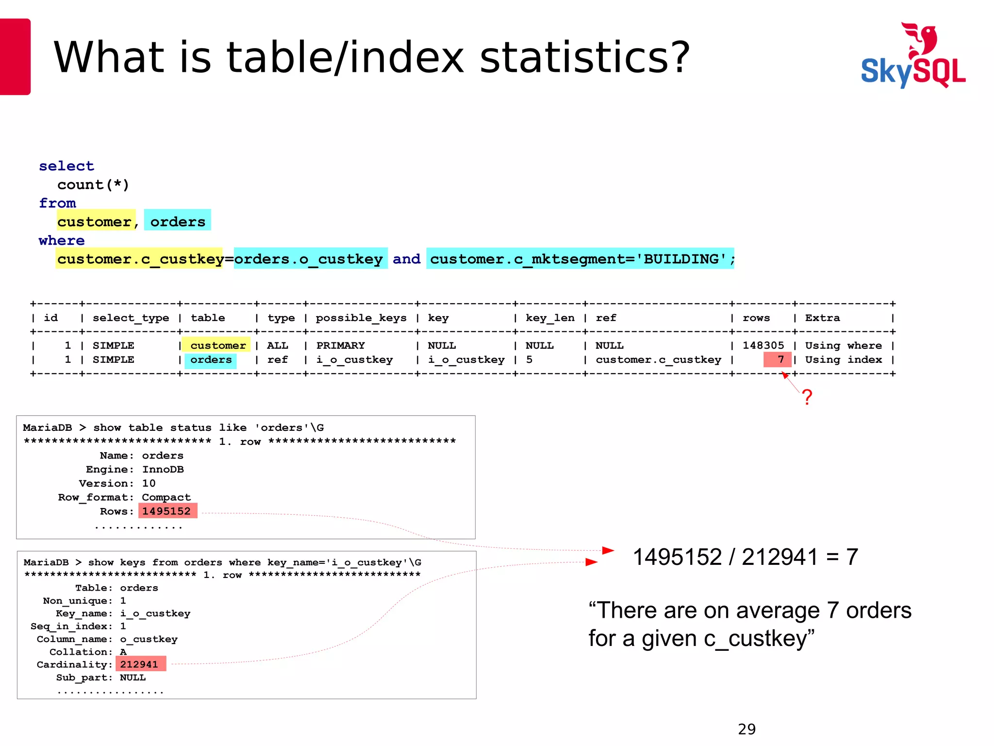 12:49:0929
What is table/index statistics?
select
count(*)
from
customer, orders
where
customer.c_custkey=orders.o_custkey and customer.c_mktsegment='BUILDING';
+------+-------------+----------+------+---------------+-------------+---------+--------------------+--------+-------------+
| id | select_type | table | type | possible_keys | key | key_len | ref | rows | Extra |
+------+-------------+----------+------+---------------+-------------+---------+--------------------+--------+-------------+
| 1 | SIMPLE | customer | ALL | PRIMARY | NULL | NULL | NULL | 148305 | Using where |
| 1 | SIMPLE | orders | ref | i_o_custkey | i_o_custkey | 5 | customer.c_custkey | 7 | Using index |
+------+-------------+----------+------+---------------+-------------+---------+--------------------+--------+-------------+
MariaDB > show table status like 'orders'G
*************************** 1. row ***************************
Name: orders
Engine: InnoDB
Version: 10
Row_format: Compact
Rows: 1495152
.............
MariaDB > show keys from orders where key_name='i_o_custkey'G
*************************** 1. row ***************************
Table: orders
Non_unique: 1
Key_name: i_o_custkey
Seq_in_index: 1
Column_name: o_custkey
Collation: A
Cardinality: 212941
Sub_part: NULL
.................
?
1495152 / 212941 = 7
“There are on average 7 orders
for a given c_custkey”
 