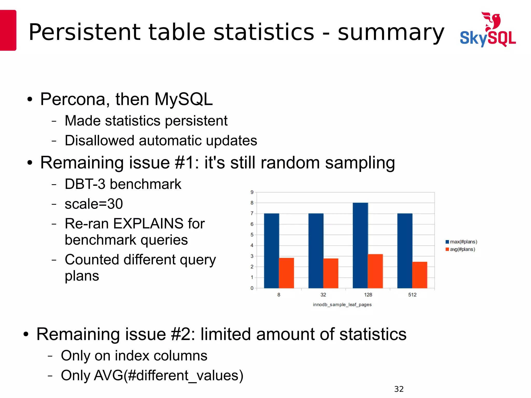 12:49:0932
Persistent table statistics - summary
● Percona, then MySQL
– Made statistics persistent
– Disallowed automatic updates
● Remaining issue #1: it's still random sampling
– DBT-3 benchmark
– scale=30
– Re-ran EXPLAINS for
benchmark queries
– Counted different query
plans
● Remaining issue #2: limited amount of statistics
– Only on index columns
– Only AVG(#different_values)
 