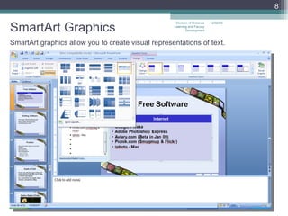 SmartArt Graphics 06/07/09 Division of Distance Learning and Faculty Development SmartArt graphics allow you to create visual representations of text. 