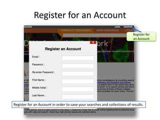 Register for an Account 
Register for 
an Account 
Register for an Account in order to save your searches and collections ...