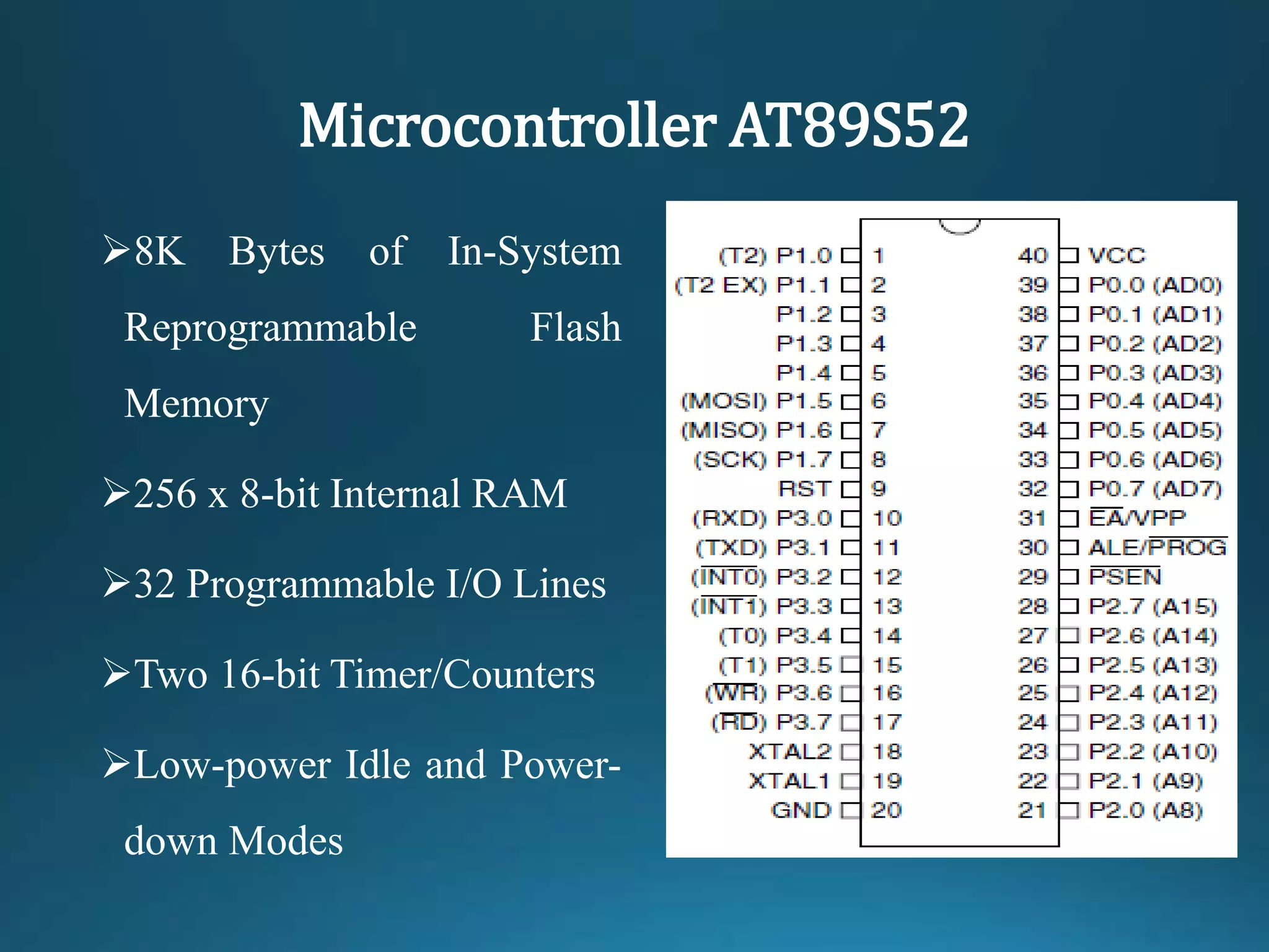 Microcontroller AT89S52
8K Bytes of In-System
Reprogrammable Flash
Memory
256 x 8-bit Internal RAM
32 Programmable I/O Lines
Two 16-bit Timer/Counters
Low-power Idle and Power-
down Modes
 