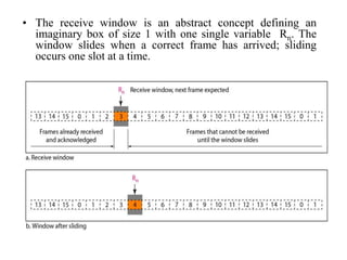 • The receive window is an abstract concept defining an 
imaginary box of size 1 with one single variable Rn. The 
window slides when a correct frame has arrived; sliding 
occurs one slot at a time. 
 