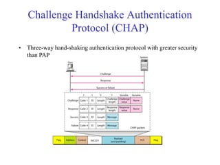Challenge Handshake Authentication 
Protocol (CHAP) 
• Three-way hand-shaking authentication protocol with greater security 
than PAP 
 