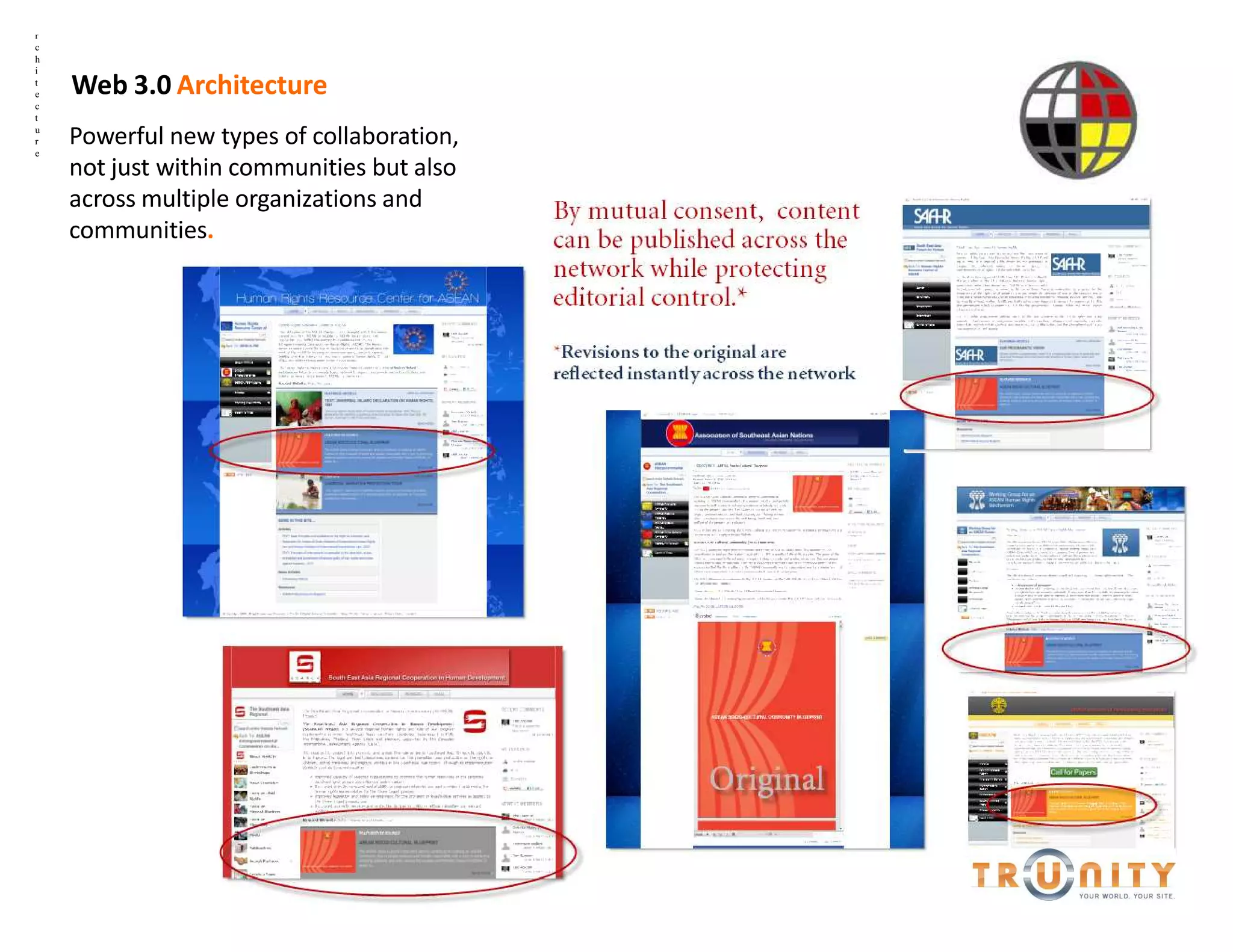 r
c
h
i
t
e   Web 3.0 Architecture
c
t
u
r
e
    Powerful new types of collaboration,
    not just within communities but also
    across multiple organizations and
    communities.
 