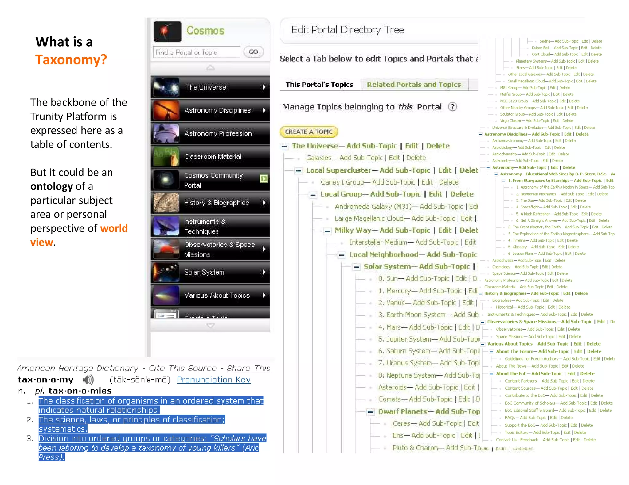 What is a
 Taxonomy?

The backbone of the
Trunity Platform is
expressed here as a
table of contents.

But it could be an
ontology of a
particular subject
area or personal
perspective of world
view.
 