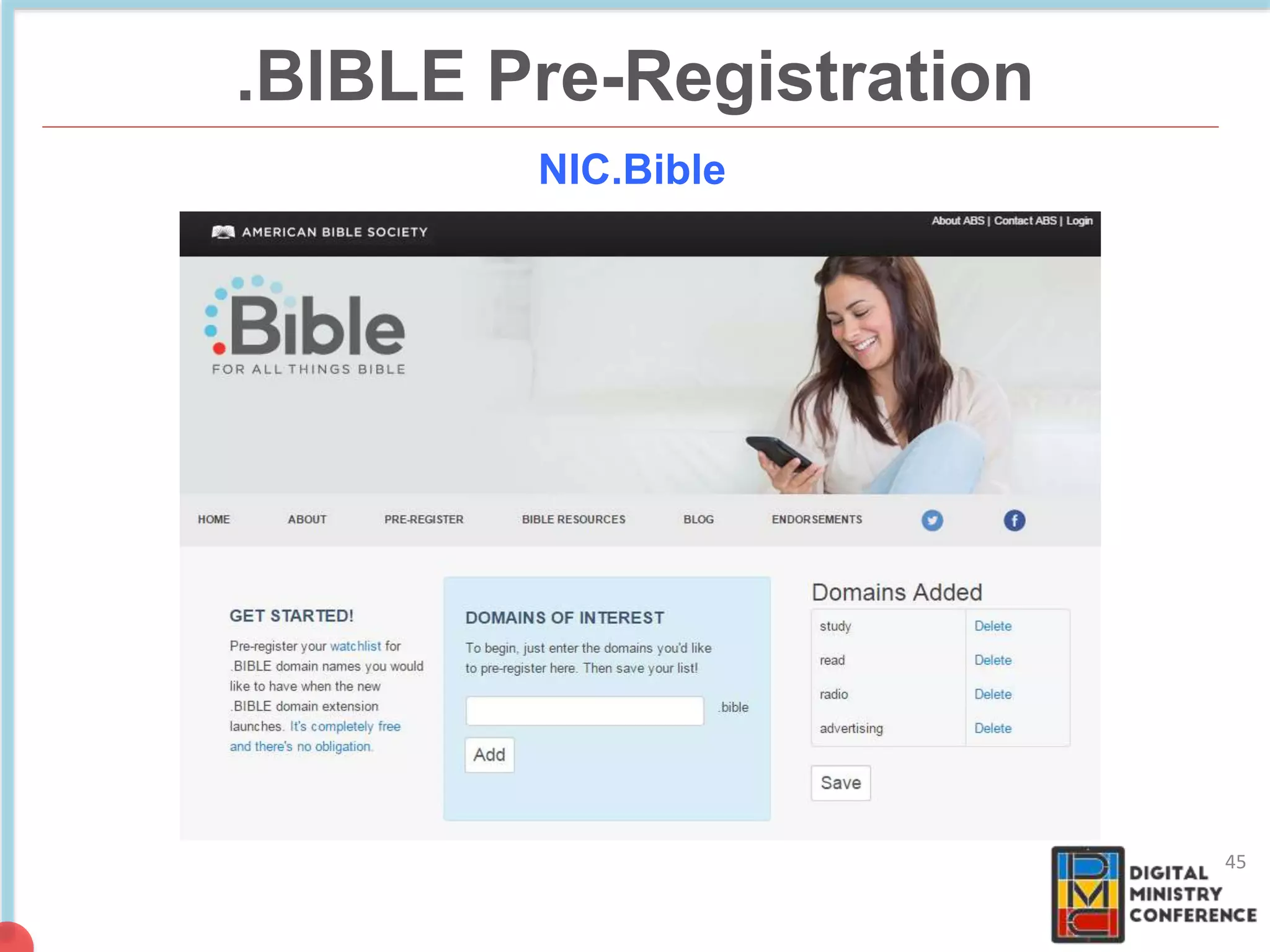 .BIBLE Pre-Registration
45
NIC.Bible
 