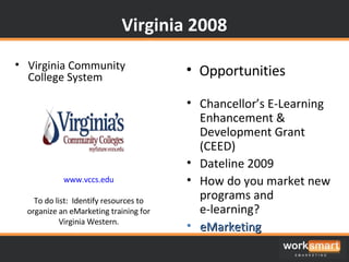 Virginia Community College System Opportunities Chancellor’s E-Learning Enhancement & Development Grant (CEED) Dateline 2009 How do you market new programs and  e-learning? eMarketing Virginia 2008 www.vccs.edu To do list:  Identify resources to organize an eMarketing training for Virginia Western. 