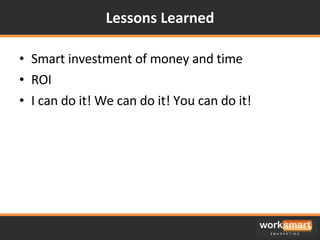 Lessons Learned Smart investment of money and time ROI I can do it! We can do it! You can do it! 