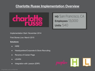 Proprietary and confidential
Charlotte Russe Implementation Overview
Implementation Start: November 2014
First Stores Live: March 2015
Solutions
● HIRE
● Headquarters/Corporate & Store Recruiting
● Revamp of Career Page
● LEARN
● Integration with Lawson (ERP) people+
 