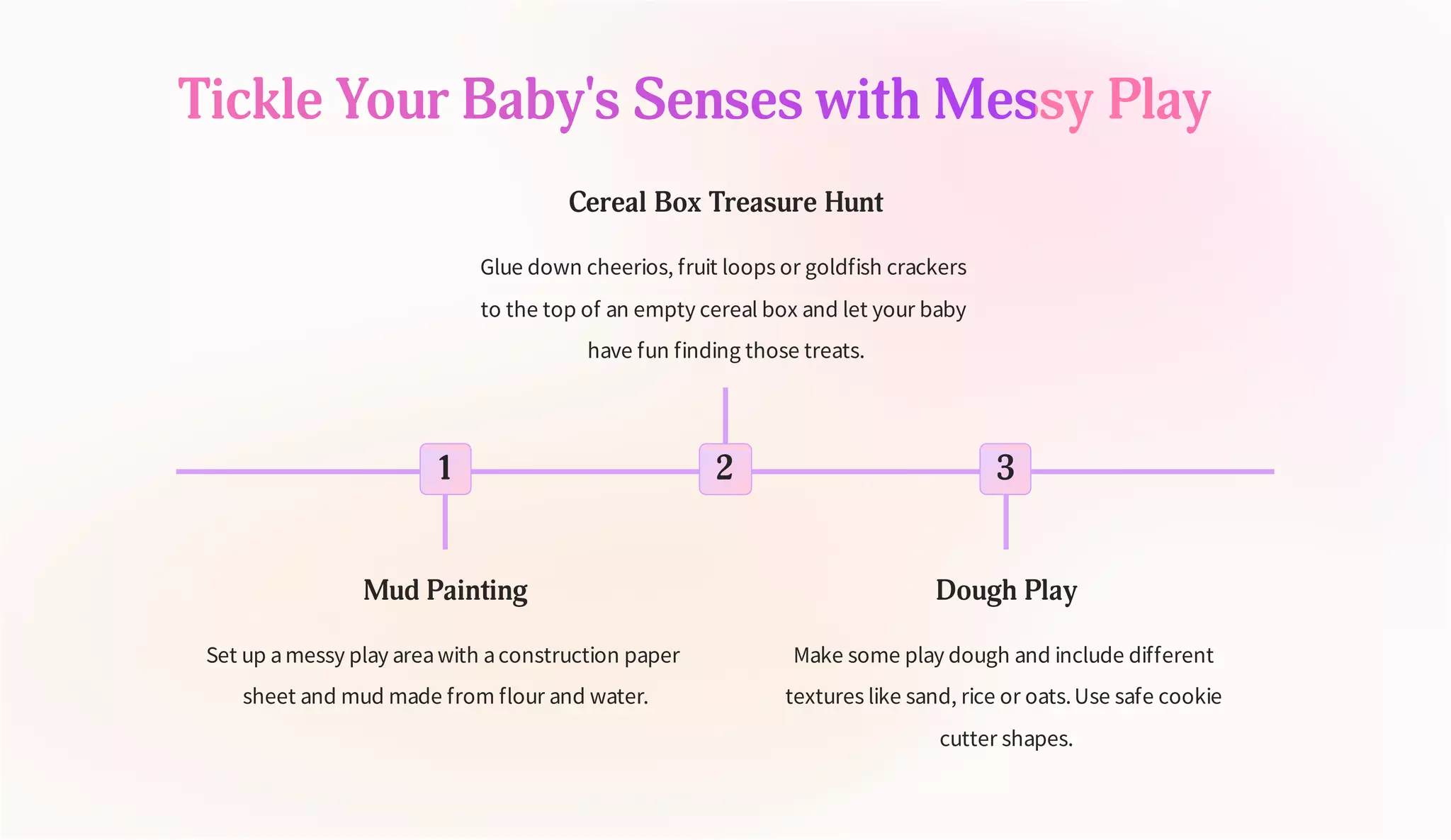 Tickle Your Baby's Senses with Messy Play
1
Mud Painting
Set up amessy play areawith aconstruction paper
sheet and mud made from flour and water.
2
Cereal Box Treasure Hunt
Glue down cheerios, fruit loops or goldfish crackers
to the top of an empty cereal box and let your baby
have fun finding those treats.
3
Dough Play
Make some play dough and include different
textures like sand, rice or oats.Use safe cookie
cutter shapes.
 