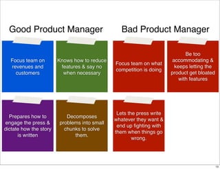 Good Product Manager

Bad Product Manager

Focus team on
revenues and
customers

Knows how to reduce
features & say no
when necessary

Focus team on what
competition is doing

Prepares how to
engage the press &
dictate how the story
is written

Decomposes
problems into small
chunks to solve
them.

Be too
accommodating &
keeps letting the
product get bloated
with features

Lets the press write
whatever they want &
end up ﬁghting with
them when things go
wrong.

13

 