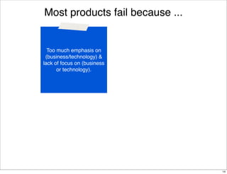 Most products fail because ...

Too much emphasis on
(business/technology) &
lack of focus on
(technology/business).

14

 