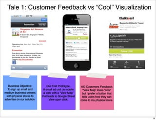 Tale 1: Customer Feedback vs “Cool” Visualization

Business Objective:
To sign up small and
medium business owners
with physical stores to
advertise on our solution.

Our First Prototype:
A small ad unit on mobile
& web with a “View Map”
that leads to Google Street
View upon click.

150 Customers Feedback:
“View Map” looks “cool”
but I prefer a button that
tells users how they can
come to my physical store.

19

 