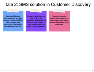 Tale 2: SMS solution in Customer Discovery
Business Objective:
Our customers use web
interface, twitter or SMS to
web to update their
promotions. We have to
offer all three in the US.

Problem: Twilio does not
exist in 2010. For
Singapore & Malaysia, we
built our SMS servers to
allow users to pair their
mobile to our web servers.

Financial constraint:
We can’t ﬂy an engineer to
US or use a SMS server
solution there which is too
expensive.

20

 