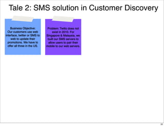 Tale 2: SMS solution in Customer Discovery
Business Objective:
Our customers use web
interface, twitter or SMS to
web to u...