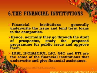  Financial institutions generally
underwrite the issue and lend term loans
to the companies.
Hence, normally they go through the draft
of prospectus, study the proposed
programme for public issue and approve
them.
 IDBI, IFCI&ICICI, LIC, GIC and UTI are
the some of the financial institutions that
underwrite and give financial assistance.
Dr.P.Manochithra, Assistant Professor of BCom-CS, Sri Ramakrishna College
of Arts & Science,Coimbatore
14
 
