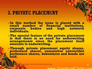 In this method the issue is placed with a
small number of financial institutions,
corporate bodies and high networth
individuals.
The special feature of the private placement
is that there is no need for underwriting
arrangements since the placement itself
amounts to underwriting.
Through private placement equity shares,
preference shares, cumulative convertible
preference shares, debentures and bonds are
sold.
Dr.P.Manochithra, Assistant Professor of BCom-CS, Sri Ramakrishna College
of Arts & Science,Coimbatore
20
 