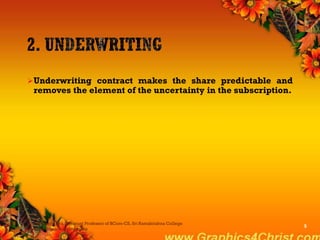 Underwriting contract makes the share predictable and
removes the element of the uncertainty in the subscription.
Dr.P.Manochithra, Assistant Professor of BCom-CS, Sri Ramakrishna College
of Arts & Science,Coimbatore
5
 