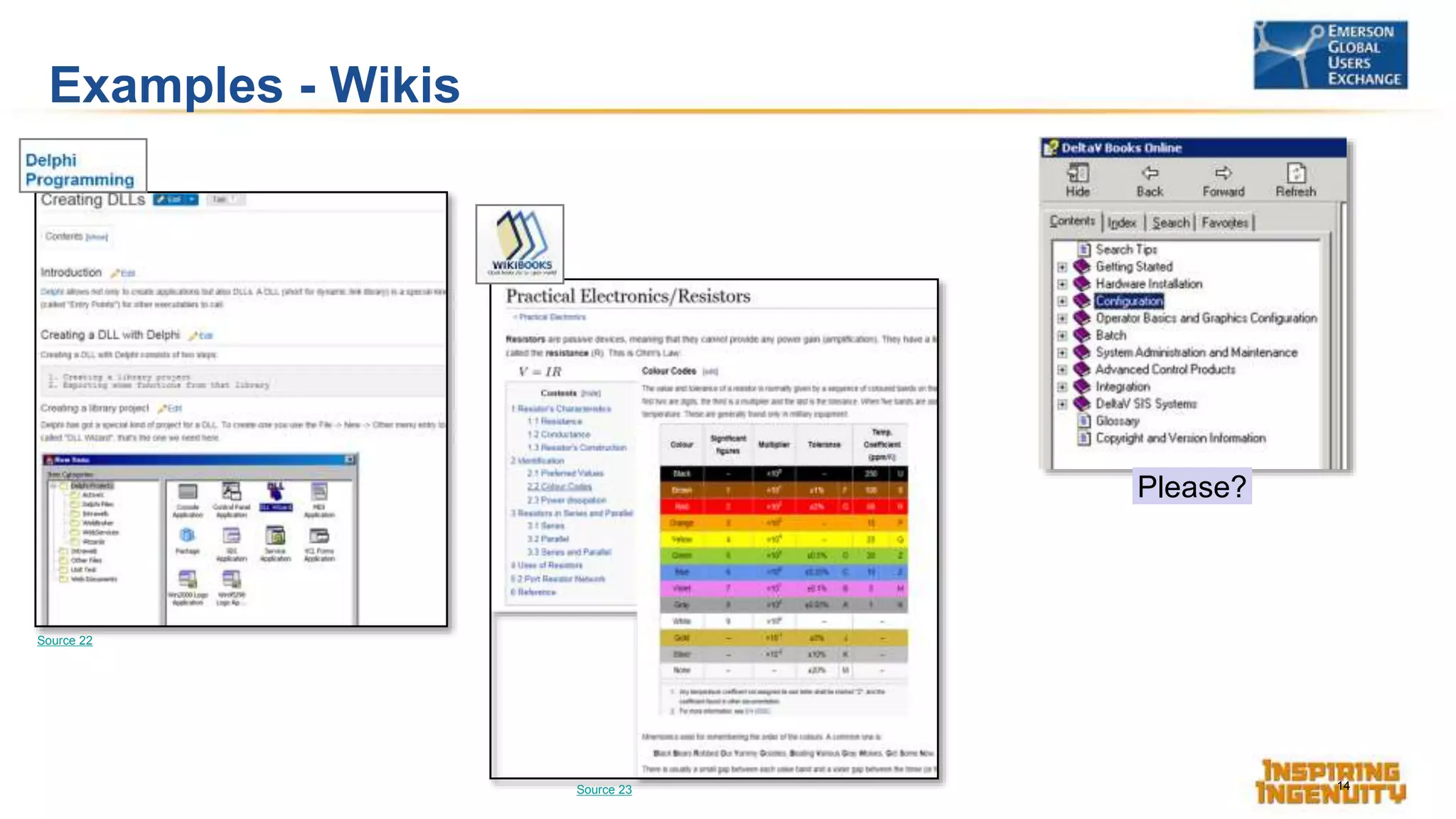 Examples - Wikis
14
Source 22
Source 23
Please?
 