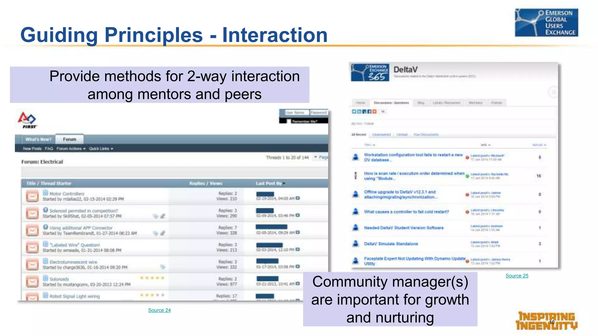 Guiding Principles - Interaction
10
Provide methods for 2-way interaction
among mentors and peers
Community manager(s)
are important for growth
and nurturing
Source 24
Source 25
 