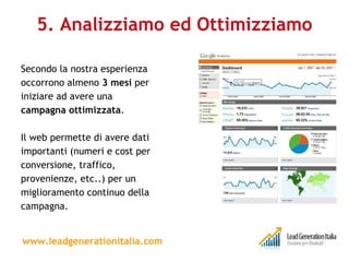 5. Analizziamo ed Ottimizziamo Secondo la nostra esperienza occorrono almeno  3 mesi  per iniziare ad avere una campagna ottimizzata . Il web permette di avere dati importanti (numeri e cost per conversione, traffico, provenienze, etc..) per un miglioramento continuo della campagna. www.leadgenerationitalia.com 