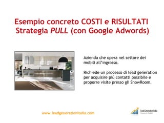 Esempio concreto COSTI e RISULTATI  Strategia  PULL  (con Google Adwords) www.leadgenerationitalia.com Azienda che opera nel settore dei mobili all’ingrosso. Richiede un processo di lead generation per acquisire più contatti possibile e proporre visite presso gli ShowRoom.  