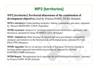 WP2 [territories]
WP2 [territories] Territorial dimensions of the combination of
development objectives, lead by Frances FAHY, NUIG (Ireland)
WP2A <territory> Understanding territories: linking communities and space, animated
by  Horacio BOZZANO, UNLP (Argentina)
WP2B <systems> Analysis of territorial multi-sectorial interactions: approaches and
theoretical, animated by Serge SCHMITZ, ULG (Belgique) 
WP2C <initiatives> Main learning of regional and local government sustainability
strategies and initiatives in the International and European arena, animated by Csila
FILO, PTE (Hungary) 
WP2D <agenda> Survey on advance and lacks of European Territorial Agenda in
favoring global approach and multilevel governance, animated by Michael
FLINTER,UNIBR (Germany)
WP2R Report “Strengthening local capacities for socio-ecological transition”, animated
by Frances FAHY, NUIG (Ireland)
 