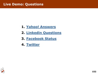 Live Demo: Questions




        1. Yahoo! Answers
        2. Linkedin Questions
        3. Facebook Status
        4. Twitter




                                152
 