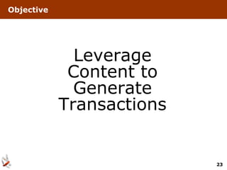 Objective




              Leverage
             Content to
              Generate
            Transactions


                           23
 