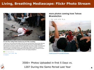 Living, Breathing Mediascape: Flickr Photo Stream




           3500+ Photos Uploaded in first 5 Days vs.
            1207 During the Same Period Last Year      4
 