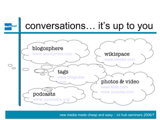 conversations… it’s up to you blogosphere www. wordpress .com wikispace www. wikidot .com podcasts www. ourmedia .org photos & video www. flickr .com www. youtube .com tags www. blogpulse .com 