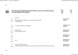'Media Training #2 eva…' Reports | Polldaddy.com                                                                       http://polldaddy.com/surveys/862474/report



            PAGE 4




                                                                                                                    Answers                 Skips
              Question
                             How did you learn about this seminar? What can we do to to further improve
                             our advertising and PR strategy?
                                                                                                                     100%                     0%



                                      1) Joe-Liste,
                                      2)                                                                                  Sunday, Jul 4th
                                      -                                                -                                  12:51PM
                          6,414,708
                                      - Mundpropaganda



                                                                                                                          Thursday, Jul 1st
                                      i received the information via joe mailinglist
                                                                                                                          10:27AM
                          6,392,477



                                      Allready took part.                                                                 Wednesday, Jun
                                      I think advertising was good :)                                                     30th 7:34AM
                          6,378,678



                                                                                                                          Wednesday, Jun
                                      -
                                                                                                                          30th 5:40AM
                          6,377,552


                                                                                                                          Wednesday, Jun
                                      friend
                                                                                                                          30th 4:08AM
                          6,376,717



                                                                   -      .                                               Wednesday, Jun
                                                                                           http://www.civicua.org         23rd 10:37AM
                          6,322,291




            PAGE 5




7 von 8                                                                                                                                         26.11.2010 21:16
 